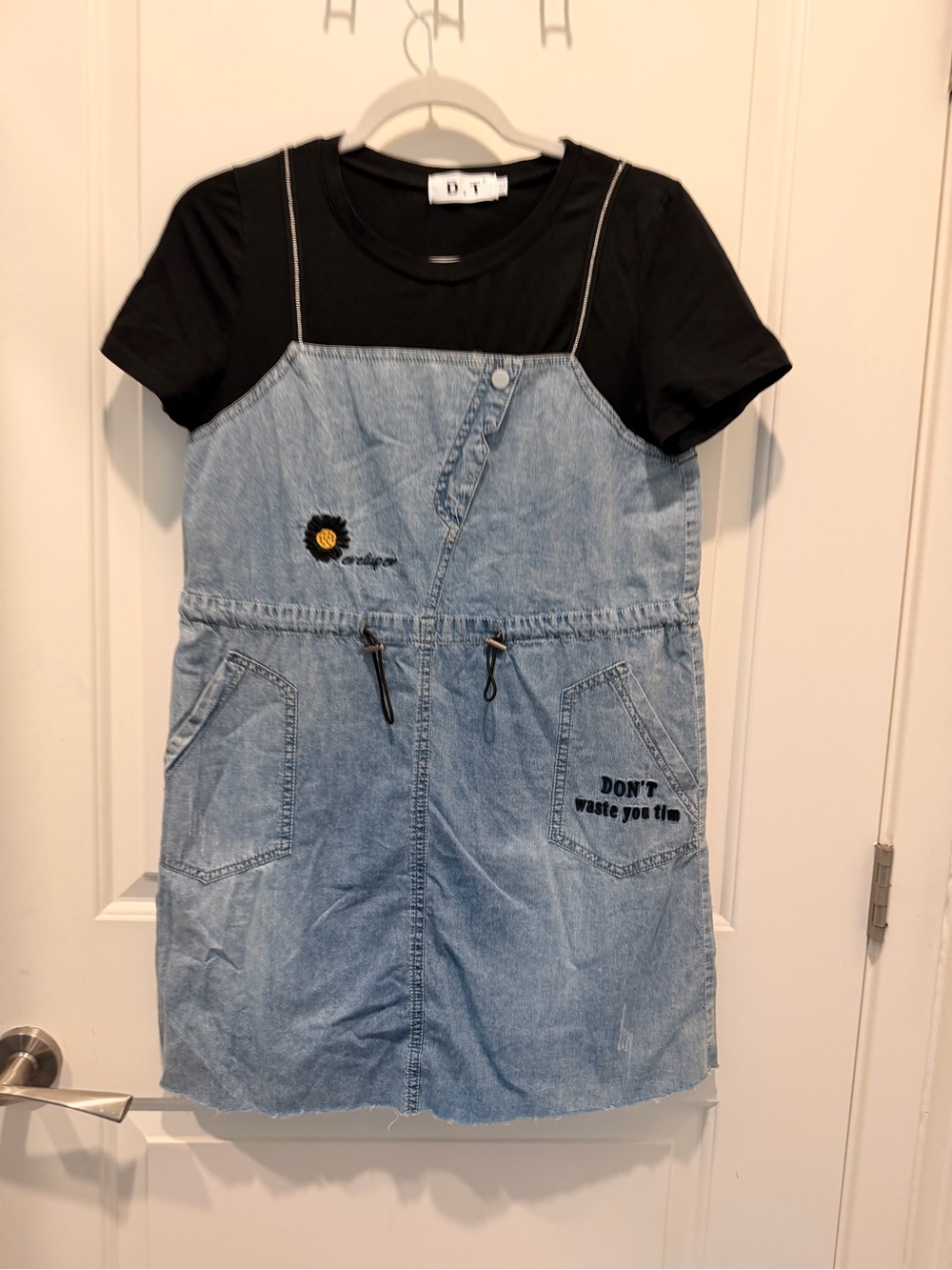 D.T. Washed Denim Overall Mini Dress with Attached Black T-Shirt Size L